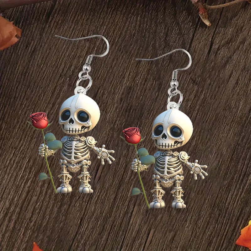 💀Skeleton with Rose Dangle Earrings