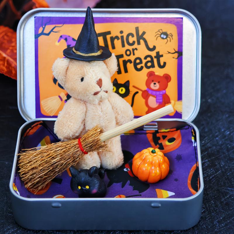 🎃🧸Cute Halloween Teddy Bear in a Box with wizard hat, Blanket, Broom, Pumpkin & Cat🌟👻