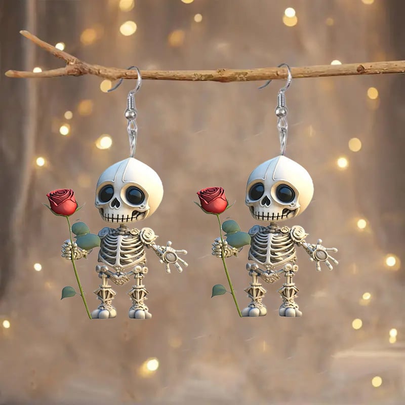 💀Skeleton with Rose Dangle Earrings